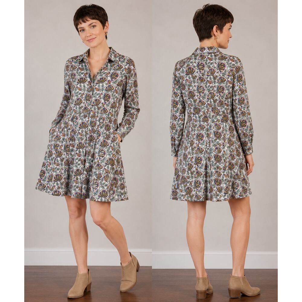 Livro Floral Mini Shirt Dress Hand Block Print Bohemian XS Cottagecore Artsy